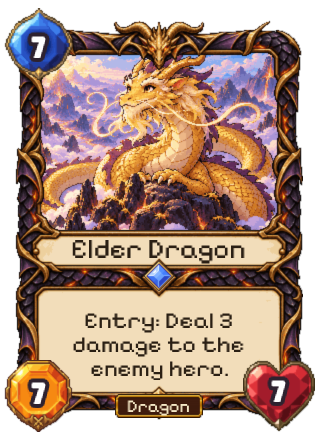Elder Dragon, a Rare Dragon creature: Entry, deal 3 damage to the enemy hero.