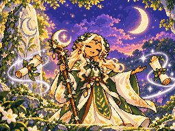 Lunara Moonsong, an elf priestess with a moon staff under a starry night sky.