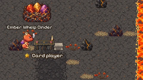 The Ember Peaks in the game: Ember Whelp Cinder at a card table below a nest of dragon eggs, beside a river of lava.